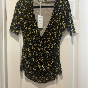 Boden black cross over shirt with yellow flowers